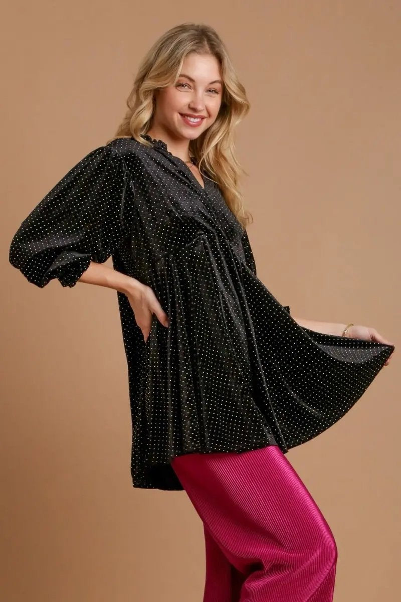 Umgee Full Size Beaded Frill Flounce Sleeve Velvet Blouse - Love Salve